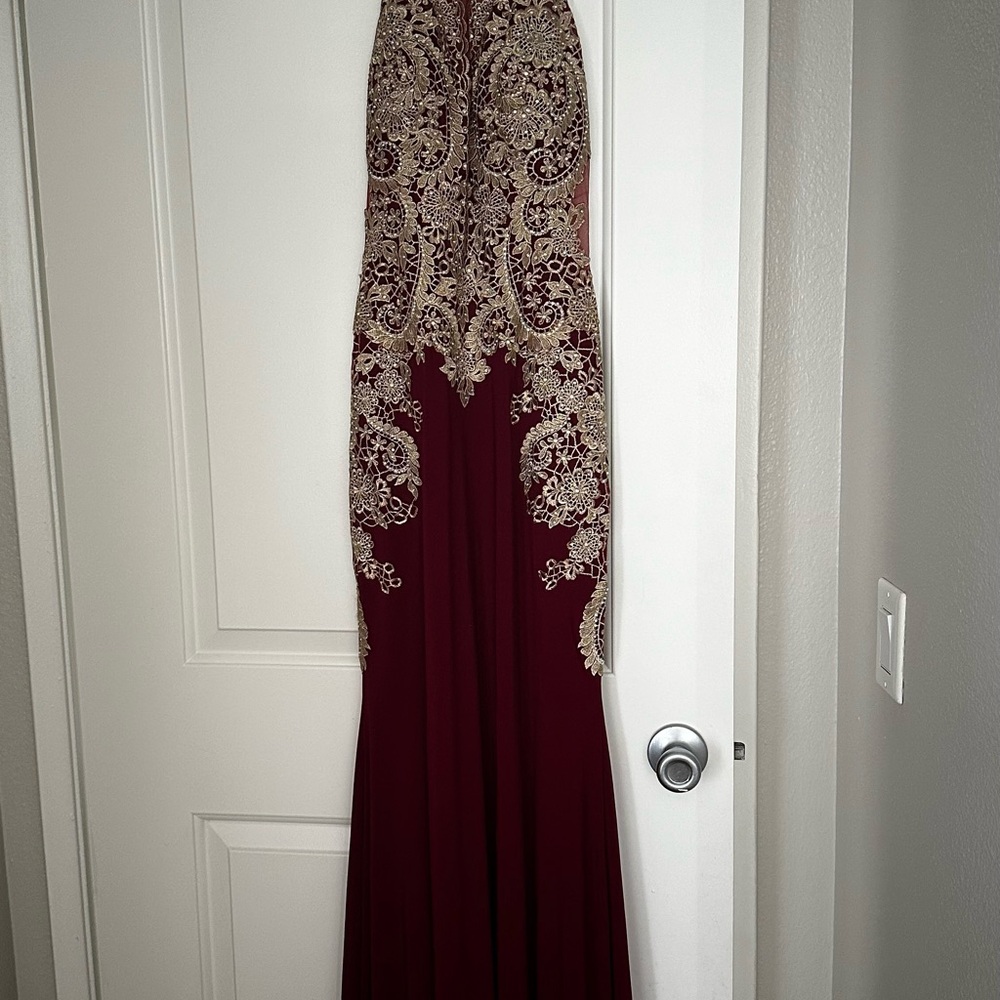 Elegant Burgundy and Gold Lace Gown